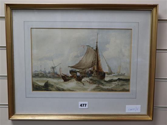 19th century English School, watercolour, Fishing boats off the coast, 21 x 33cm